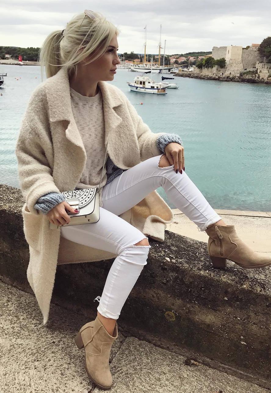 white and nude trends | cashmere coat + sweater + bag + rips + boots