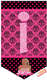 Barbie Movie: Free Printable Bunting with Sparkling Pink Glitter Letters and Numbers. Barbie la Película: Banderines para Descargar Gratis con Letras y Números en Brillantina Rosa-