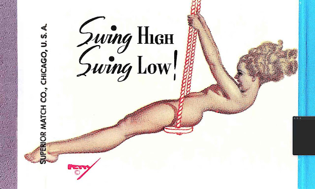 a George Petty illustration of a woman on a swing, matchbox art