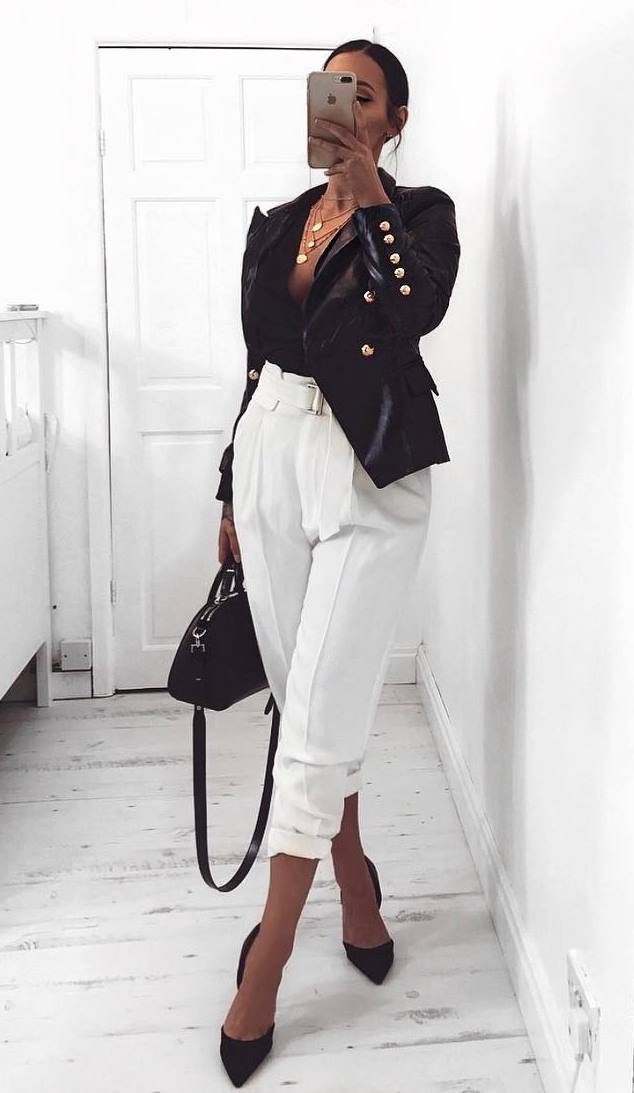 awesome fall outfit / blazer + bag + heels + top + white pants