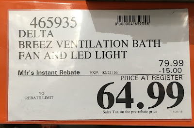 Deal for the Delta Breez VFB80HLED2 Ventilation Fan and light at Costco