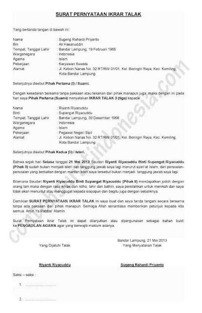  Contoh Surat Pernyataan Cerai Terlengkap 8 Contoh Surat Pernyataan Cerai Yang Benar Terlengkap