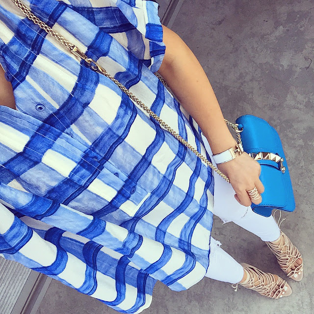 Anthropologie blue checkered top, valentino lock bag, hermes bracelet, asos jeans, schutz lace up sandals, fashion blog