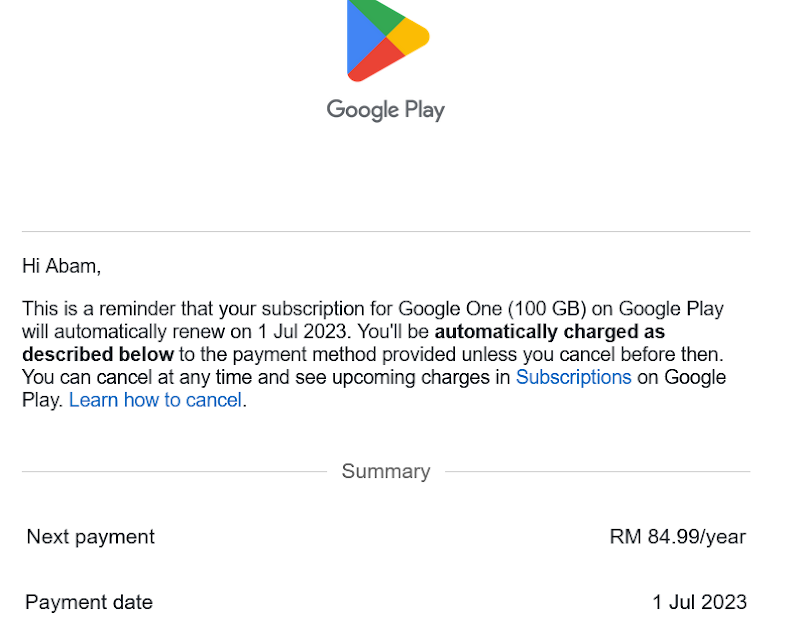 Memperbaharui langganan Google One 100GB