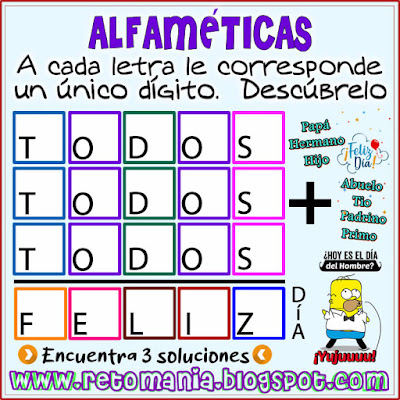 Alfaméticas, Criptoaritméticas, Día del Hombre, Día de San José, Juego de Letras, Juego de Palabras, Suma de Palabras