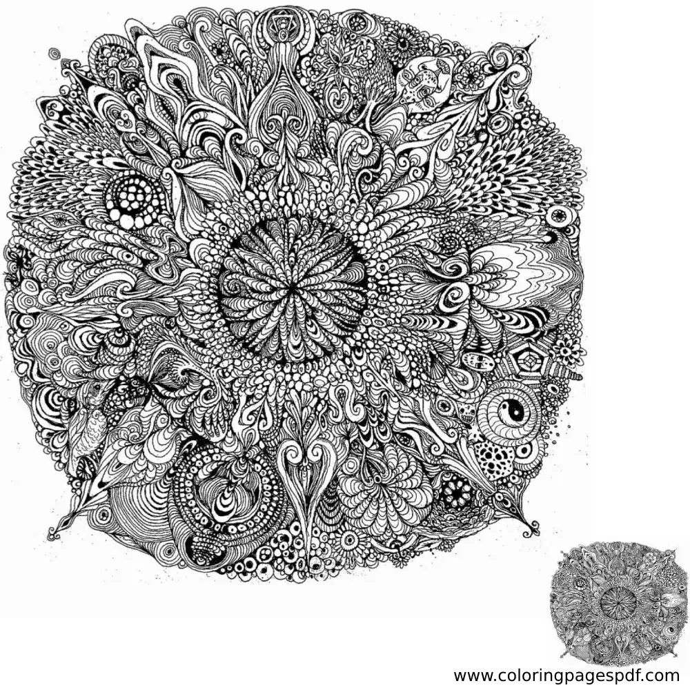 Coloring page of a very detailed mandala