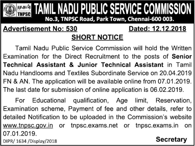 TNPSC Technical Assistant Senior and Junior Posts Recruitment 2018