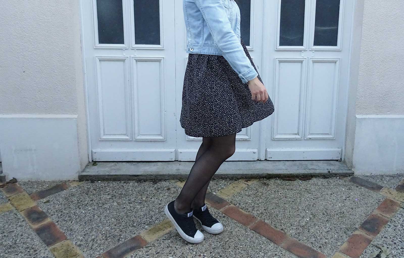 Look robe noire pois veste jeans