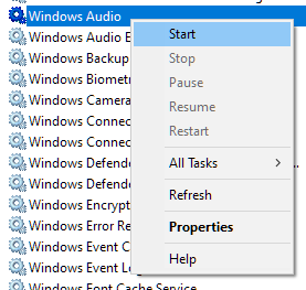 Screenshot of Windows Audio service right click with Start highlighted