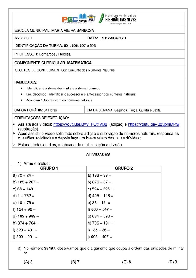 Atividade Semanal de Matemática - Prof. Edmarcos. - 19 à 23 de abril.