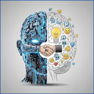 AI 기술과 인간의 감성이 조화를 이루는 AI 마케팅의 중요성을 나타내는 인포그래픽.