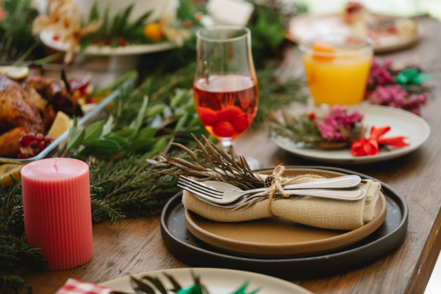 Dinnerware and drinks on a dining table