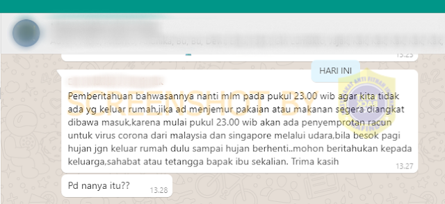 [SALAH] “akan ada penyemprotan racun untuk virus corona dari malaysia dan singapore melalui udara”