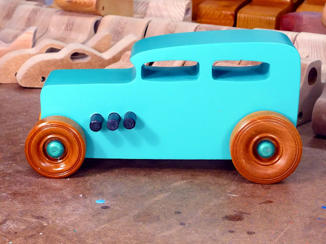 Wood Toy Car, Hot Rod 1932 Sedan, Handmade and Finished with Turquoise, Metalic Green, and Black Acrylic Paint and Amber Shellac