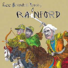 Lee Perry is depicted in three poses, riding horses into battle: one brandishing a sword, another a bow and arrow, and the third urging his followers forward into the fight.