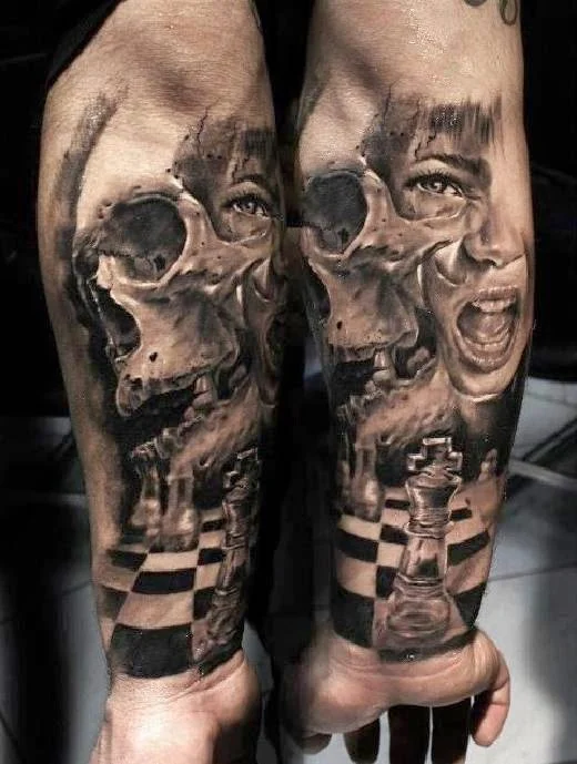 impresionante tatuaje en 3d de una calavera en grises