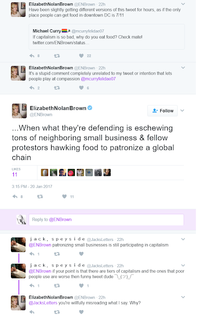 Elizabeth Nolan Brown tweets replies to dishonest responses regarding hypocritical capitalism protesters.