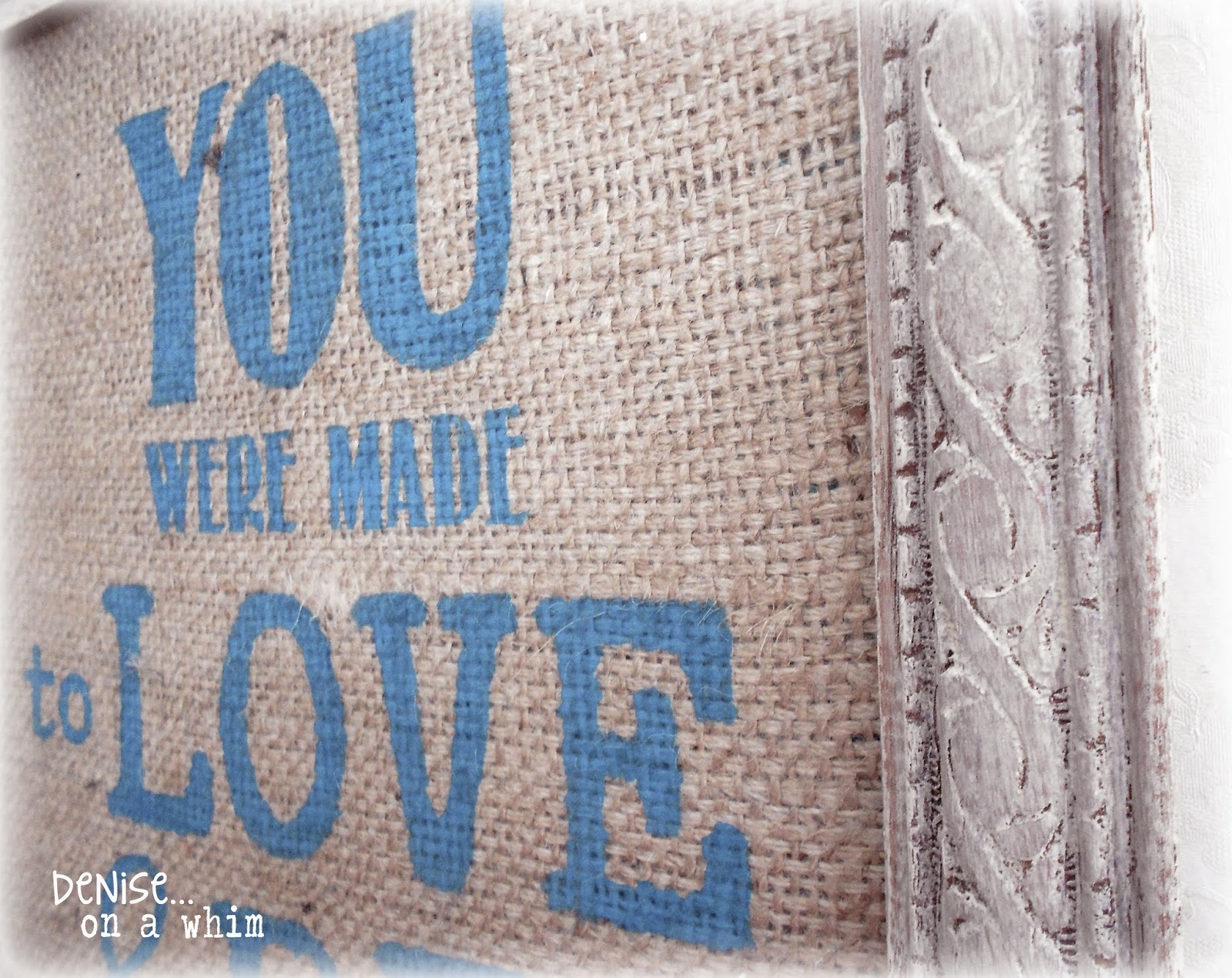 Peacock Chalk Paint on Burlap in a Pretty Cream Frame for Valentine's Day via http://deniseonawhim.blogspot.com