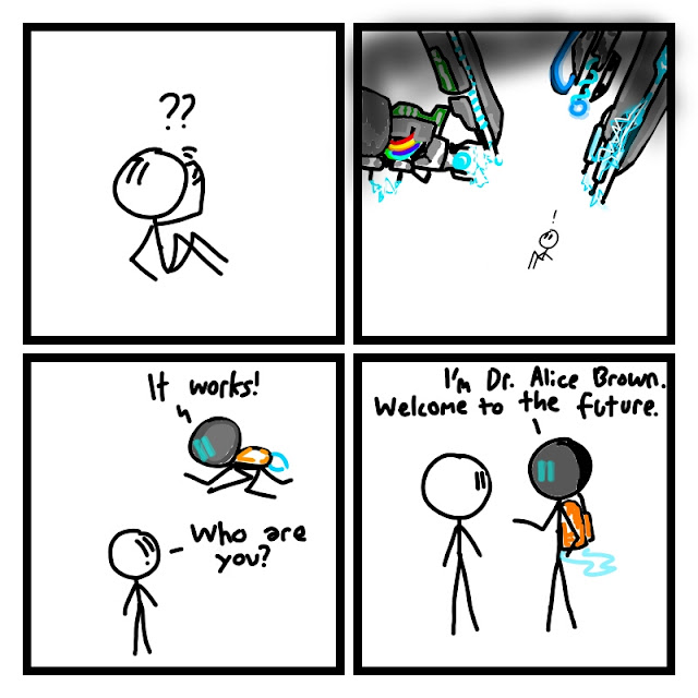 Fred is confused, scratching his head. He realizes he is surrounded by futuristic technology. "!" He stands up as a person wearing a helmet with blue electronic eyes and jetpack hovers above him. "It works!" says the jetpacker. "Who are you?" asks Fred. The jetpacker lands and says "I'm Dr. Alice Brown. Welcome to the future."