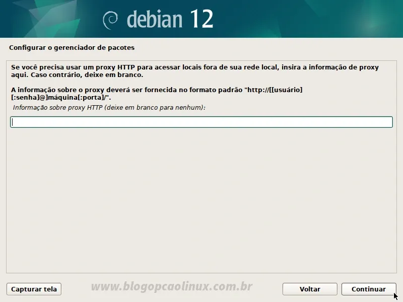 Deixe em branco para não utilizar um proxy no Debian