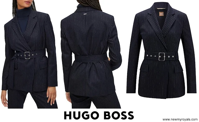 Queen Letizia wore Hugo Boss Jesene Belted Pinstripe Blazer