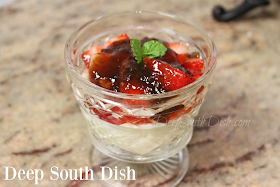 A light dessert, with layers of homemade egg custard, macerated strawberries and a little bit of warmed strawberry jam.