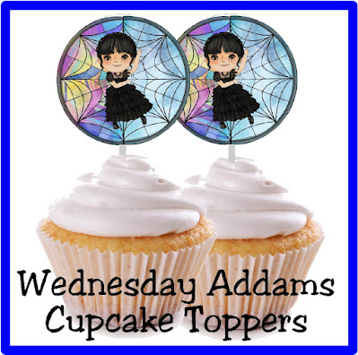 Wednesday Addams dancing in front of stained glass window cupcake topper on a cupcake