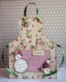 Apron card with raspberry and floral theme and pull-out tags