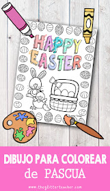 Dibujo para colorear de PASCUA con motivos de la Easter anglosajona: conejito, pollito, huevos y cesta. Imprimible gratis para descargar y utilizar como portada o fast-finisher en el aula de inglés de educación infantil y/o educación primaria