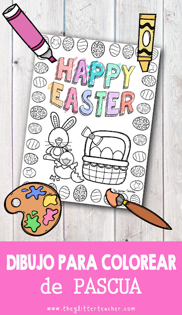 Dibujo para colorear de PASCUA con motivos de la Easter anglosajona: conejito, pollito, huevos y cesta. Imprimible gratis para descargar y utilizar como portada o fast-finisher en el aula de inglés de educación infantil y/o educación primaria