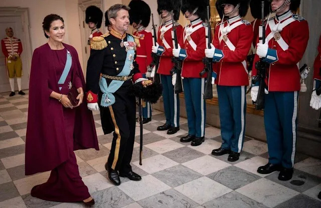 Princess Mary in bordeaux gown by Lasse Spangenberg. Queen Margrethe wore a bordeaux dress by Craftsmen's Association