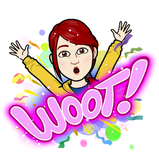 Cartoon - Bitmoji - version of me. I have red hair that is parted over my right eye and swept across my forehead like bangs before getting tucked into a ponytail that sweeps over the left shoulder. Long, loose strands of hair frame the right side of my face. I am wearing a blue t-shirt with a yellow zip-up hoodie over it. I am gleefully hooting with my arms raised in a V. In vibrant, neon-pink font, the word "WOOT!" is written on an angle in front of me. 80's arcade style squiggles, light bursts, and orbs are shooting out of the word "WOOT!" like confetti.