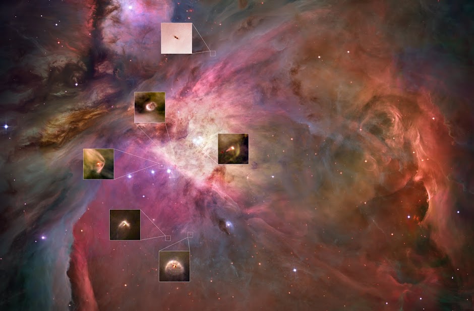 Orion Nebula with six protoplanetary discs highlighted