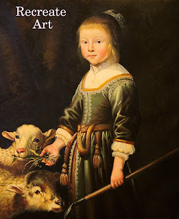 master painting of girl feeding goat, black background