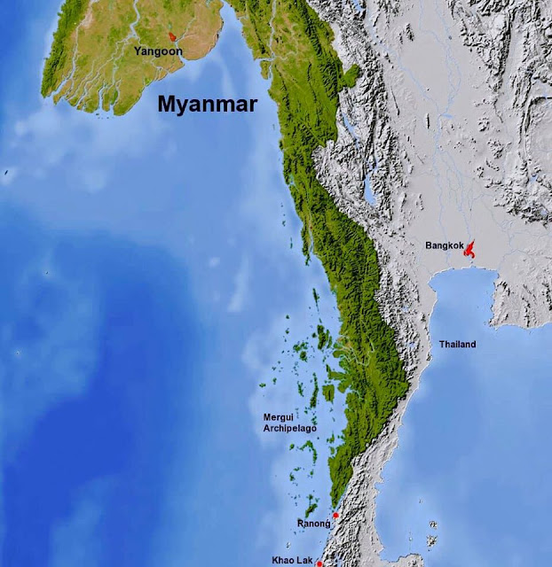 Bản đồ phía nam Myanmar, bên trái tiếp giáp vùng biển Andaman, bên phải tiếp giáp Thái Lan.