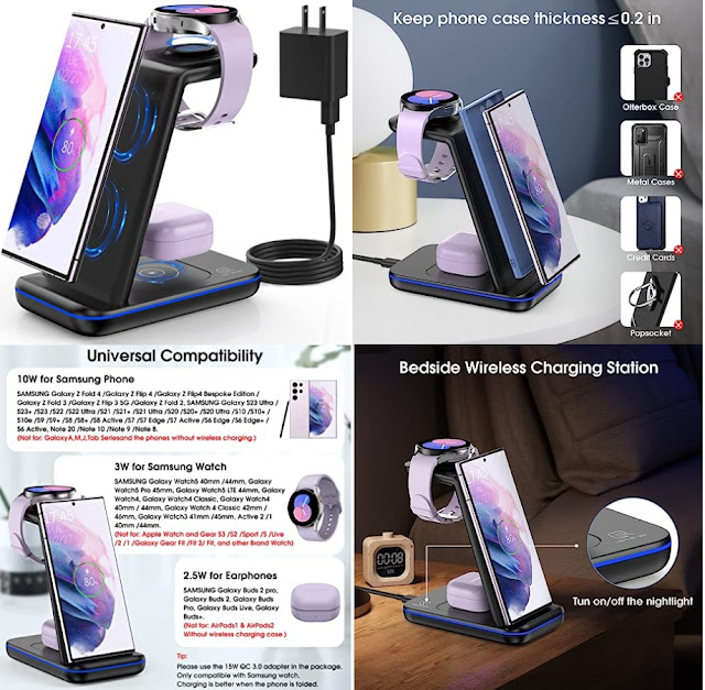 Wireless Charging Station for Samsung S23 Ultra Fast Charger Station for Galaxy S23/22/21/Z Flip Wireless Watch Charger for Galaxy Watch