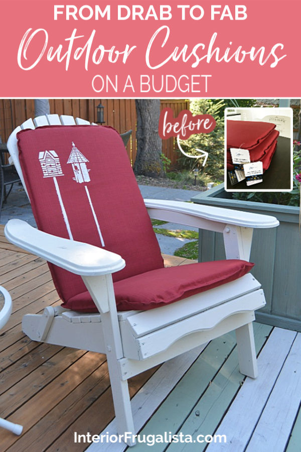 How to turn inexpensive outdoor chair cushions from drab to fab in less ten minutes into lovely one-of-a-kind cottage style with birdhouse stencils. #outdoorcushions #patiochaircushions #stenciledoutdoorcushions