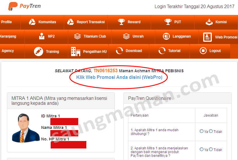 Cara Mudah Mengaktifkan WebPro PayTren Yusuf Mansur