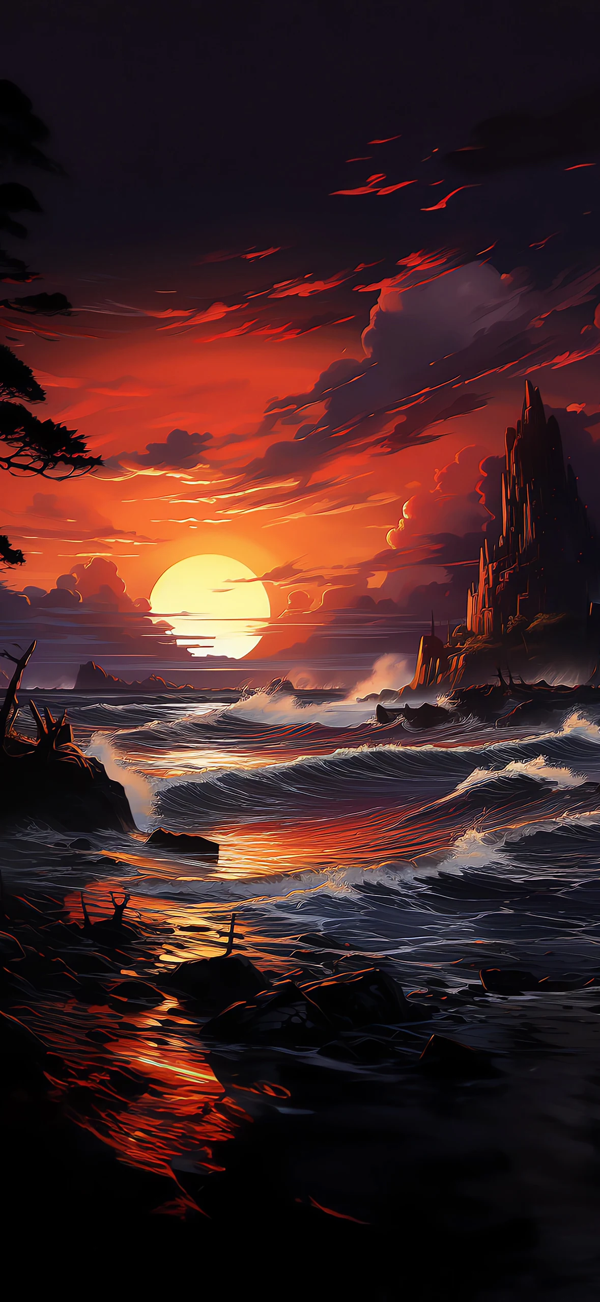 Digital painting of a dramatic sunset over a rough sea with silhouetted pine trees and jagged cliffs under a fiery orange and red sky.