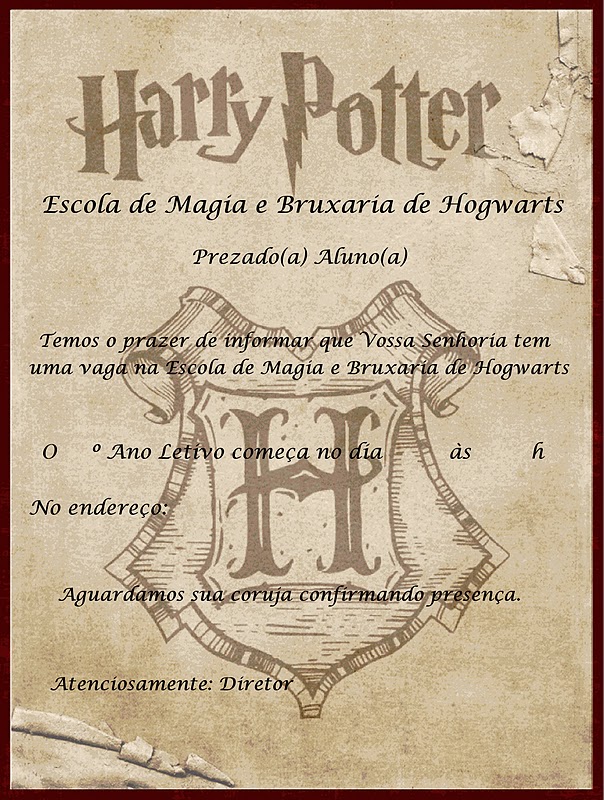 Convite Harry Potter - Carta de Admissão