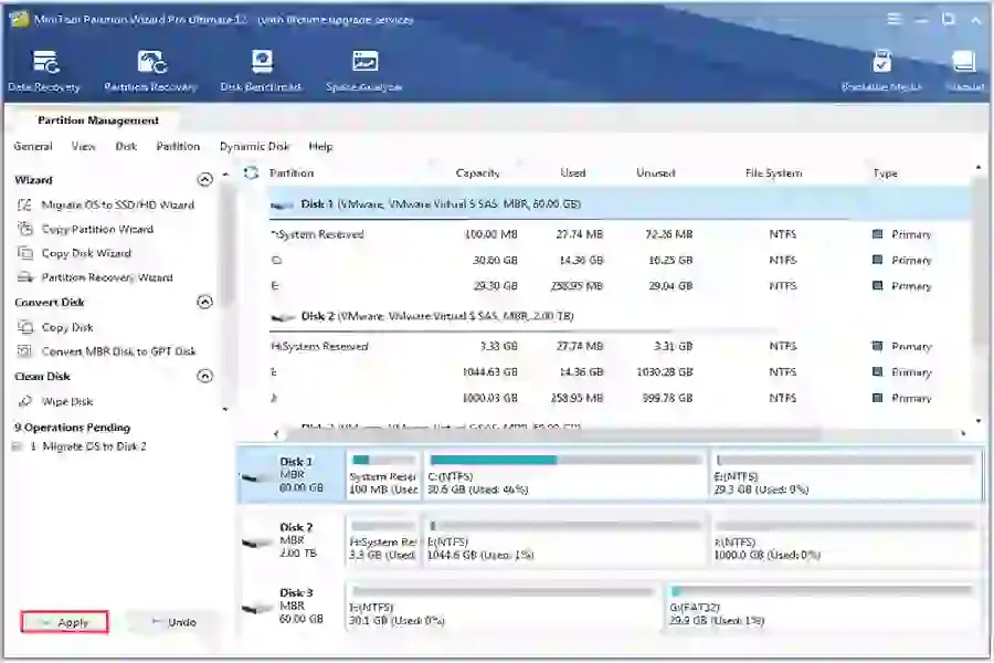 الضغط على زر Apply لتطبيق التغييرات في MiniTool