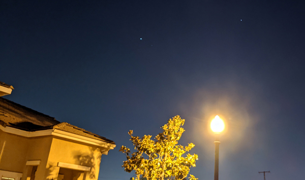 A snapshot of Jupiter (lower left) and Saturn (upper right) looming high above the houses on my street in Pomona, California...on September 2, 2021.