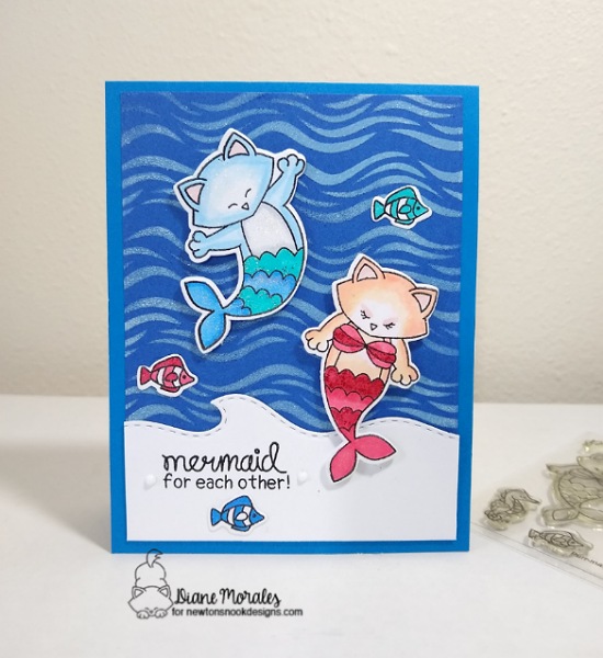 Mermaid for each other by Diane features Purr-maid Newton, Sea Borders, and Waves by Newton's Nook Designs; #inkypaws, #newtonsnook, #catcards, #cardmaking