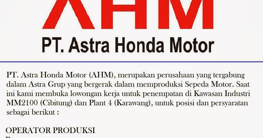 Lowongan Kerja PT. Astra Honda Motor (AHM)  Loker Purwasuka