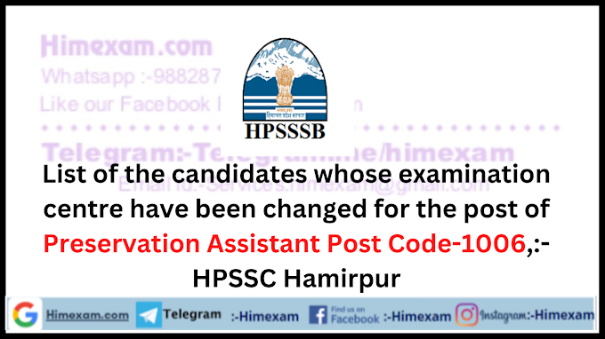 List of the candidates whose examination centre have been changed for the post of Preservation Assistant Post Code-1006,:- HPSSC Hamirpur