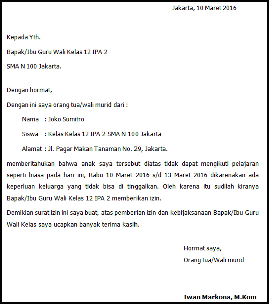 Contoh Surat Izin Tidak Masuk Sekolah Dikarenakan Sakit 