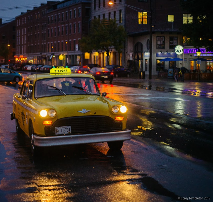 Portland, Maine USA October 2015 Photo by Corey Templeton. An old-timey taxi waiting for a fare on Commercial Street