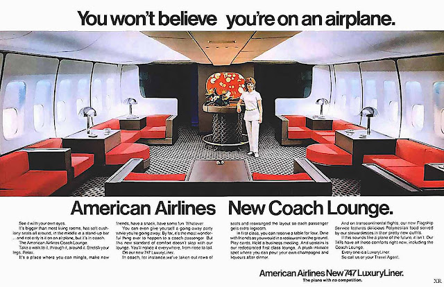 1971 American airlines Coach lounge, luxury flying, color photograph advertisement