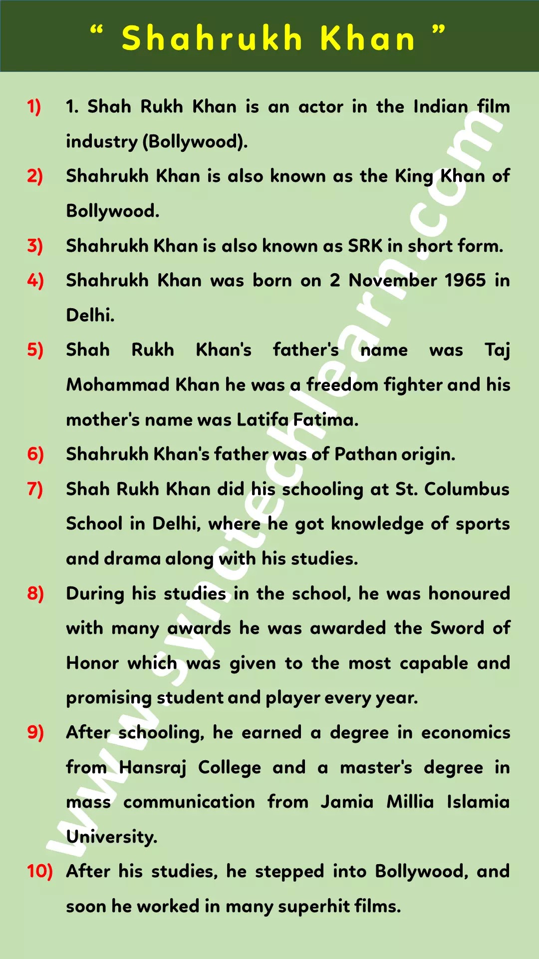 10 lines about shahrukh khan in english