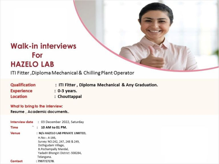 Job Availables, Hazelo Lab Pvt Ltd Walk-in Interview For ITI Fitter/ Diploma Mechanical/ Chilling Plant Operator/ Any Graduation